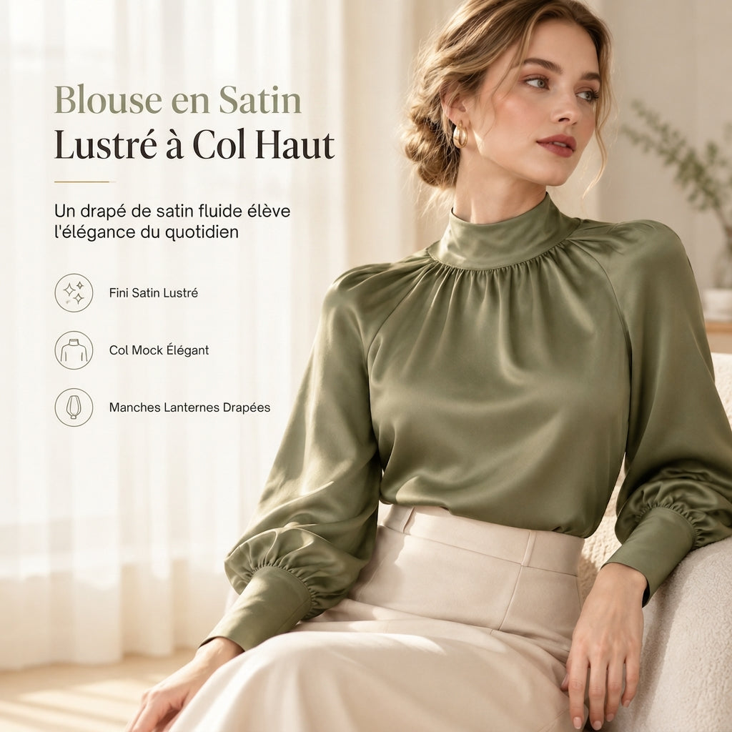 ✨ Blouse en satin à col montant et manches bouffantes, style français : facile à superposer en automne-hiver 🎀