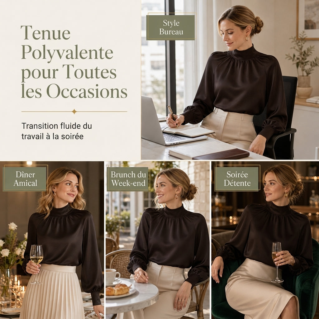 ✨ Blouse en satin à col montant et manches bouffantes, style français : facile à superposer en automne-hiver 🎀