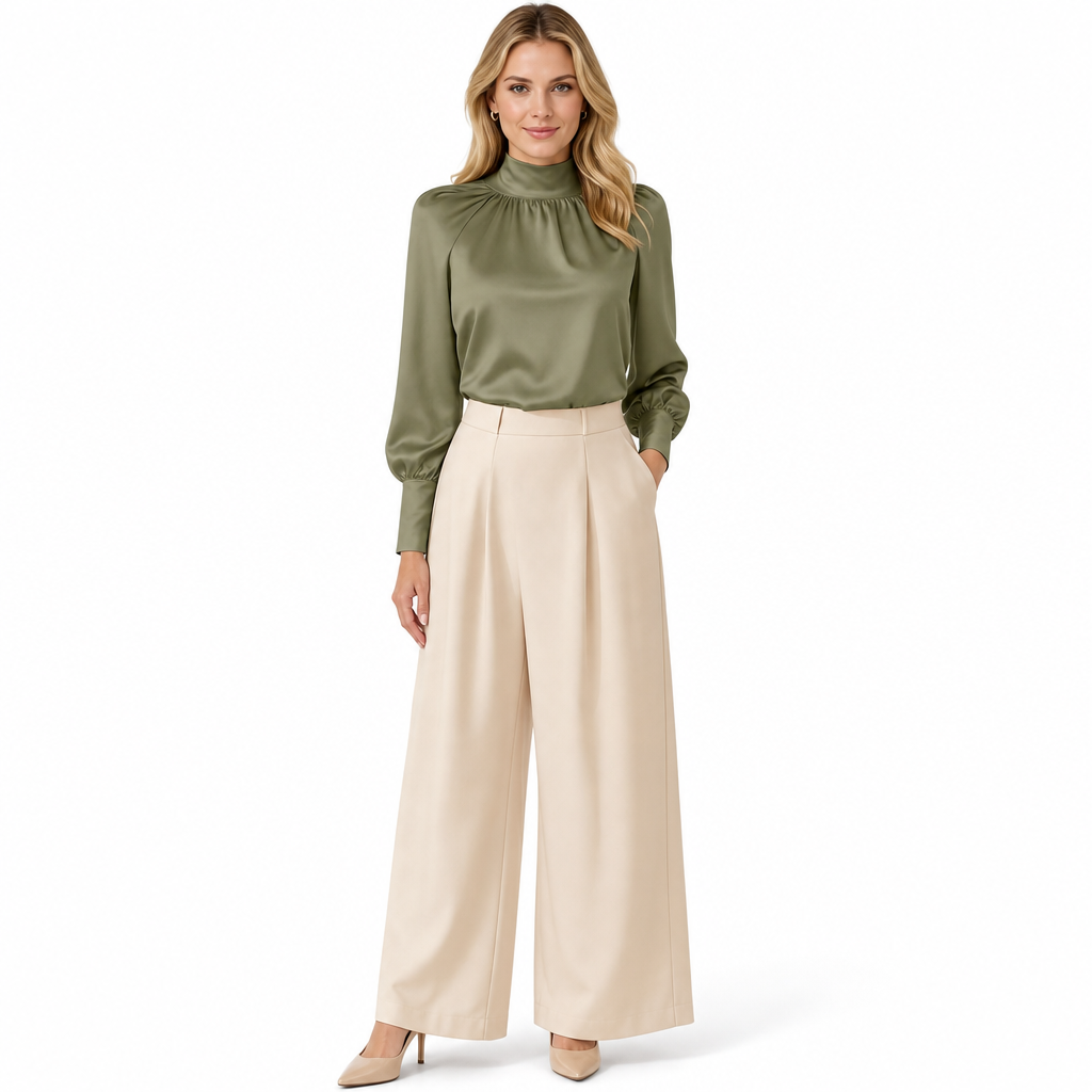 ✨ Blouse en satin à col montant et manches bouffantes, style français : facile à superposer en automne-hiver 🎀