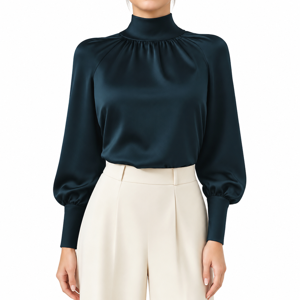✨ Blouse en satin à col montant et manches bouffantes, style français : facile à superposer en automne-hiver 🎀