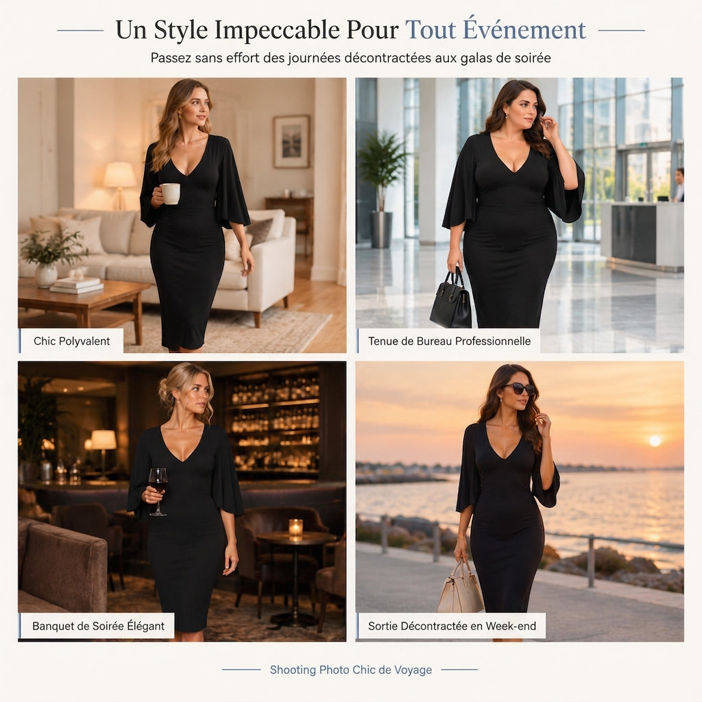 ✨ Cette robe moulante pour femme joue la carte col V et manches évasées — élégante, sexy, facile à porter en automne-hiver 👗