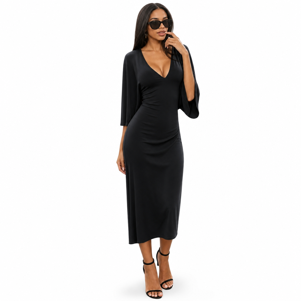 ✨ Cette robe moulante pour femme joue la carte col V et manches évasées — élégante, sexy, facile à porter en automne-hiver 👗