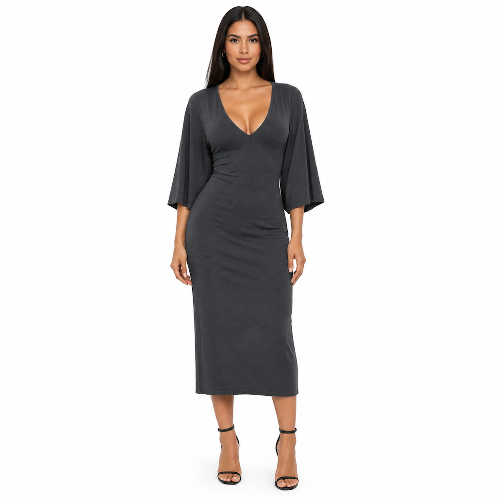 ✨ Cette robe moulante pour femme joue la carte col V et manches évasées — élégante, sexy, facile à porter en automne-hiver 👗