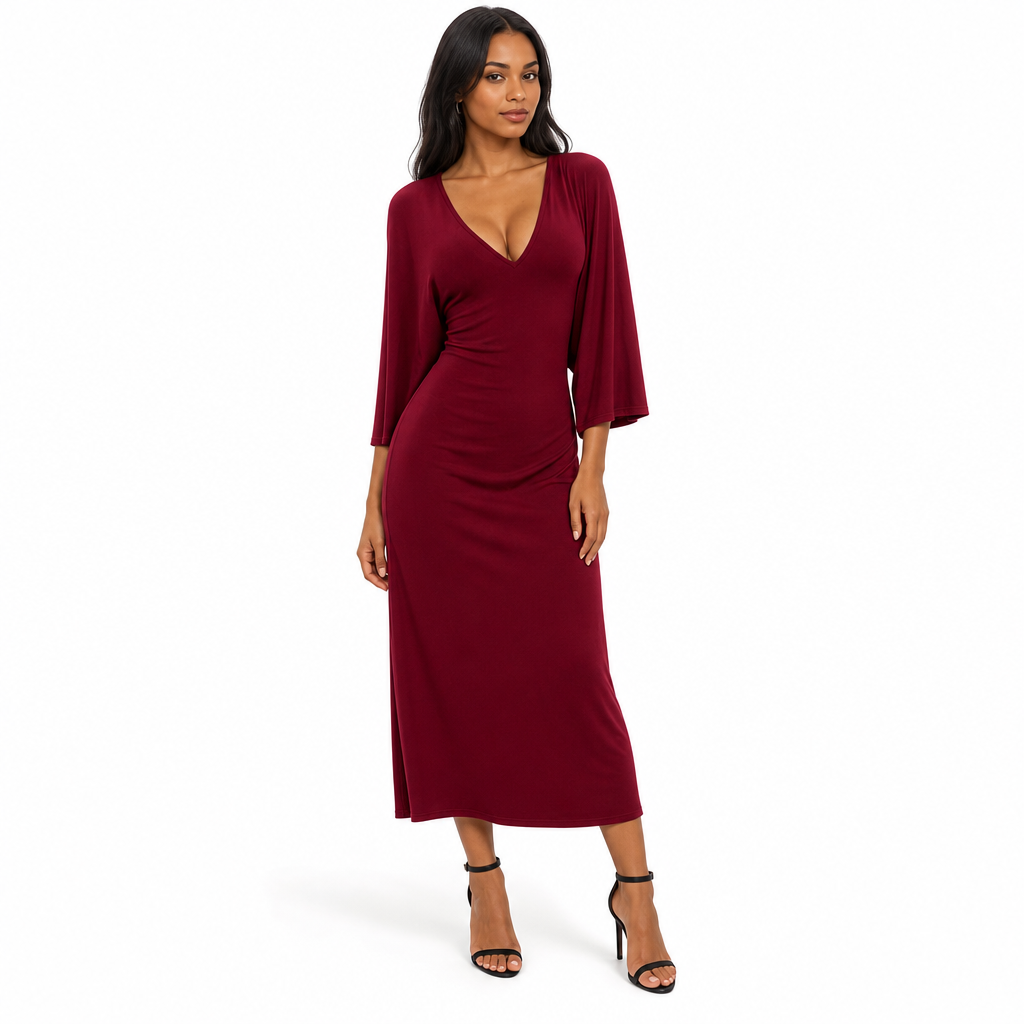 ✨ Cette robe moulante pour femme joue la carte col V et manches évasées — élégante, sexy, facile à porter en automne-hiver 👗