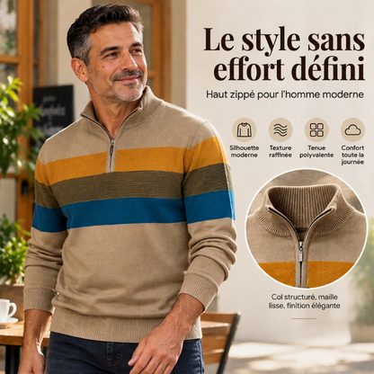 ✨ Pull homme rayé demi-zip, coupe ajustée et esprit décontracté : facile à porter au quotidien 🧶
