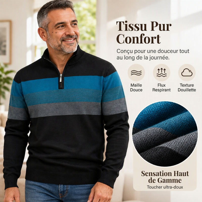 ✨ Pull homme rayé demi-zip, coupe ajustée et esprit décontracté : facile à porter au quotidien 🧶