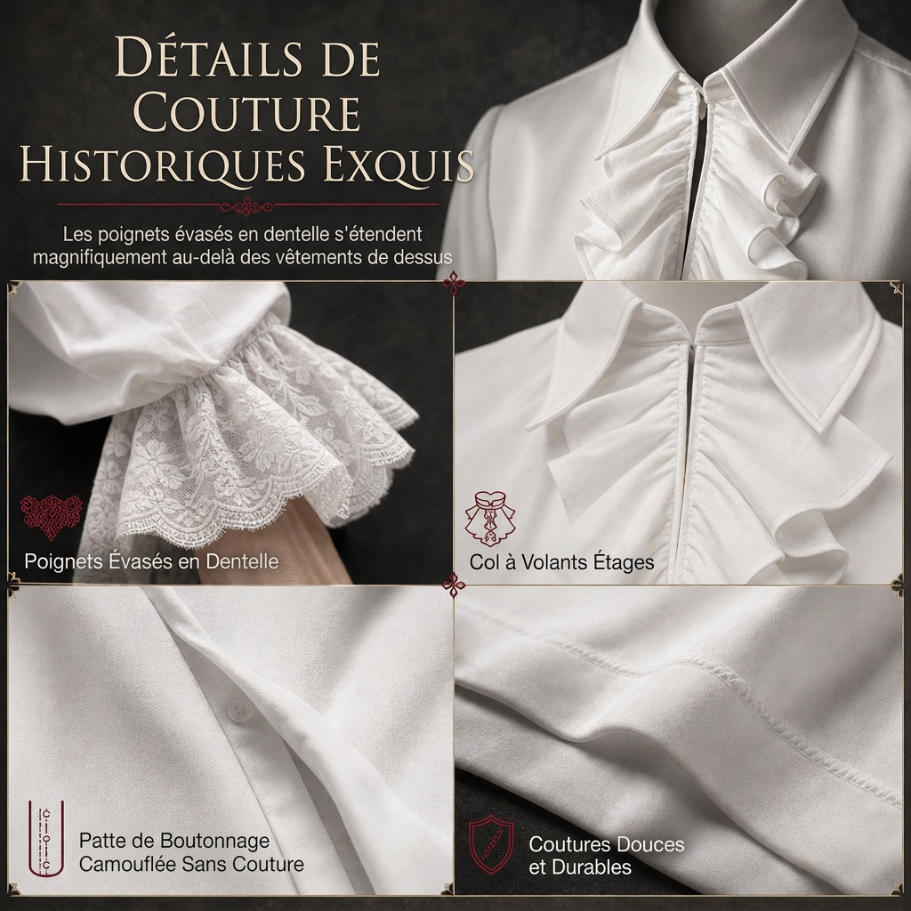 ✨ Blouse femme à col volanté et poignets en dentelle : facile à porter pour un déguisement vampire à Halloween ou sur scène 🦇