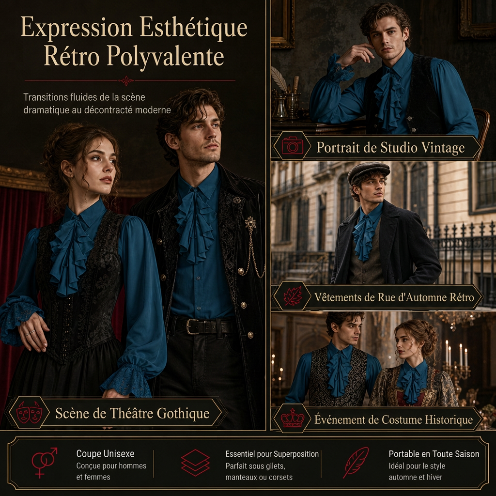 ✨ Blouse femme à col volanté et poignets en dentelle : facile à porter pour un déguisement vampire à Halloween ou sur scène 🦇