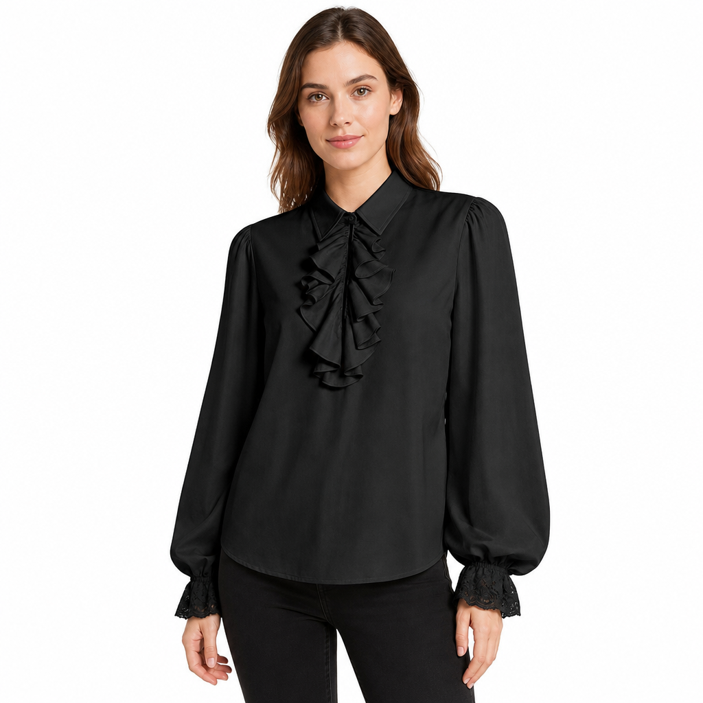 ✨ Blouse femme à col volanté et poignets en dentelle : facile à porter pour un déguisement vampire à Halloween ou sur scène 🦇