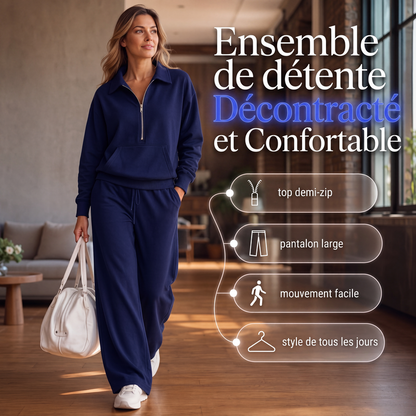 ✨ Ensemble détente 2 pièces — haut demi-zip + pantalon large, facile à porter 👖