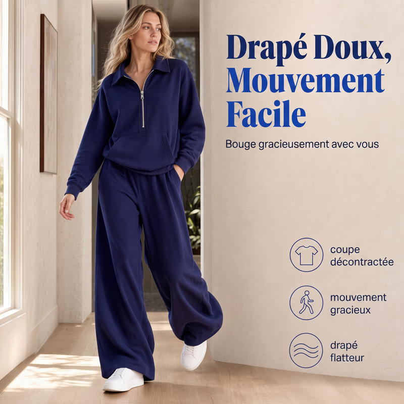 ✨ Ensemble détente 2 pièces — haut demi-zip + pantalon large, facile à porter 👖