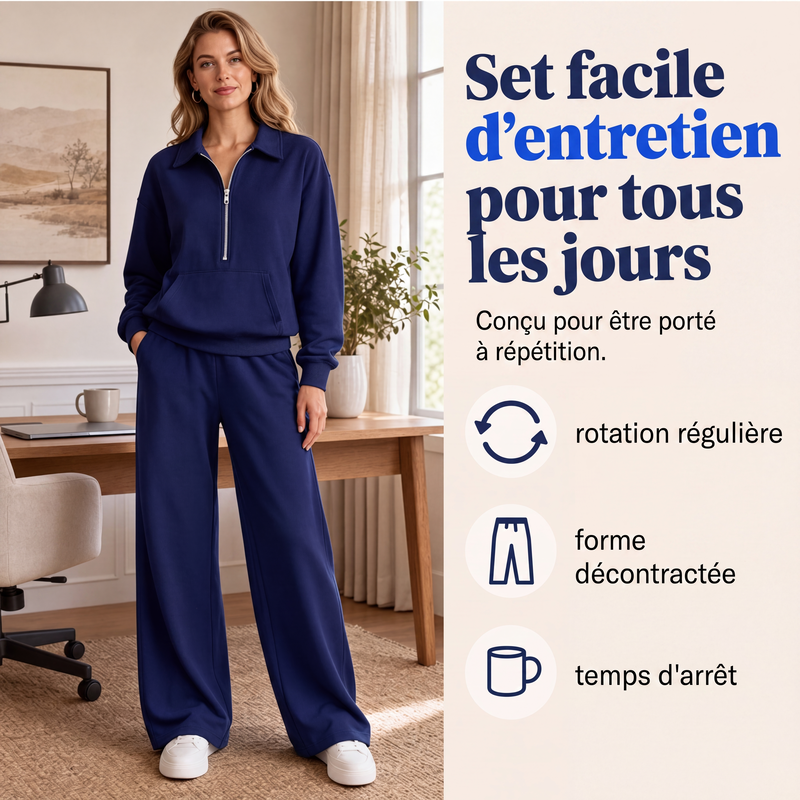 ✨ Ensemble détente 2 pièces — haut demi-zip + pantalon large, facile à porter 👖
