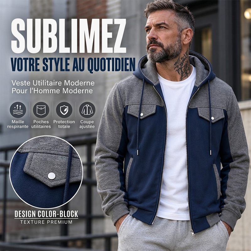 ✨ Veste à capuche zippée pour homme, bi-color et décontractée : facile à porter au quotidien 🧥