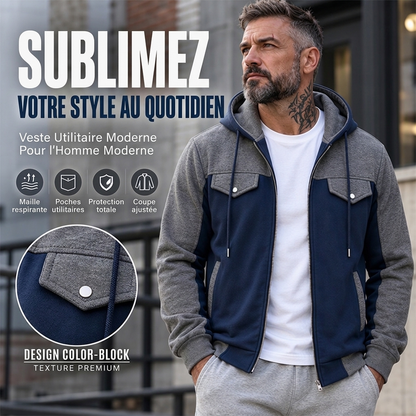 ✨ Veste à capuche zippée pour homme, bi-color et décontractée : facile à porter au quotidien 🧥