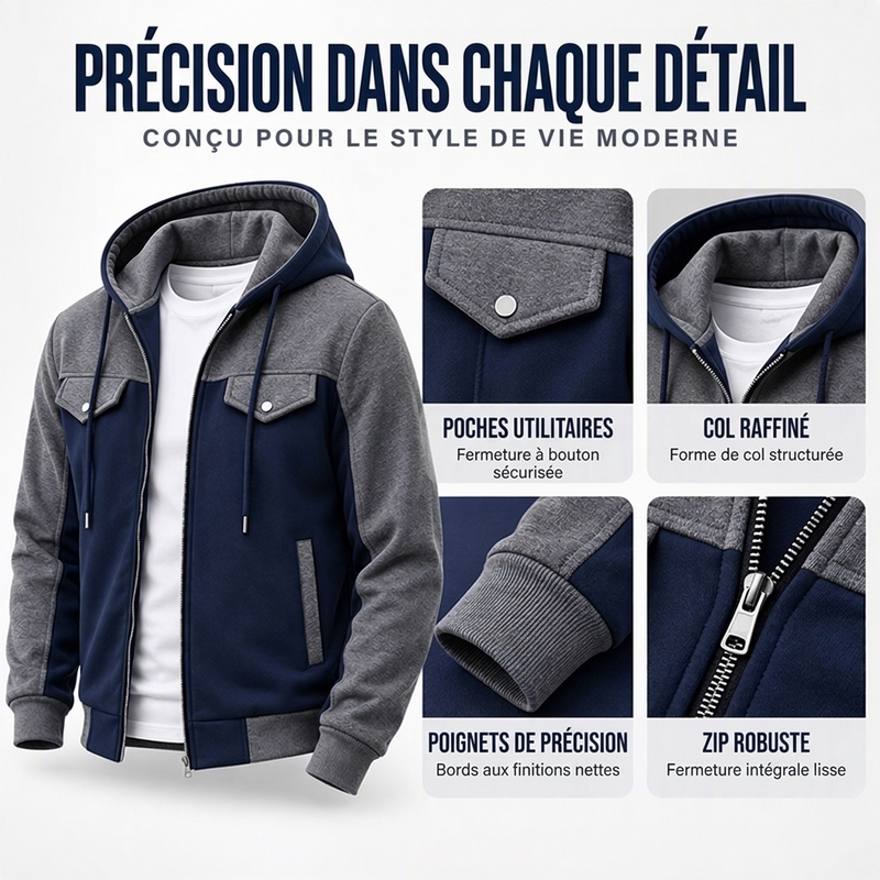 ✨ Veste à capuche zippée pour homme, bi-color et décontractée : facile à porter au quotidien 🧥