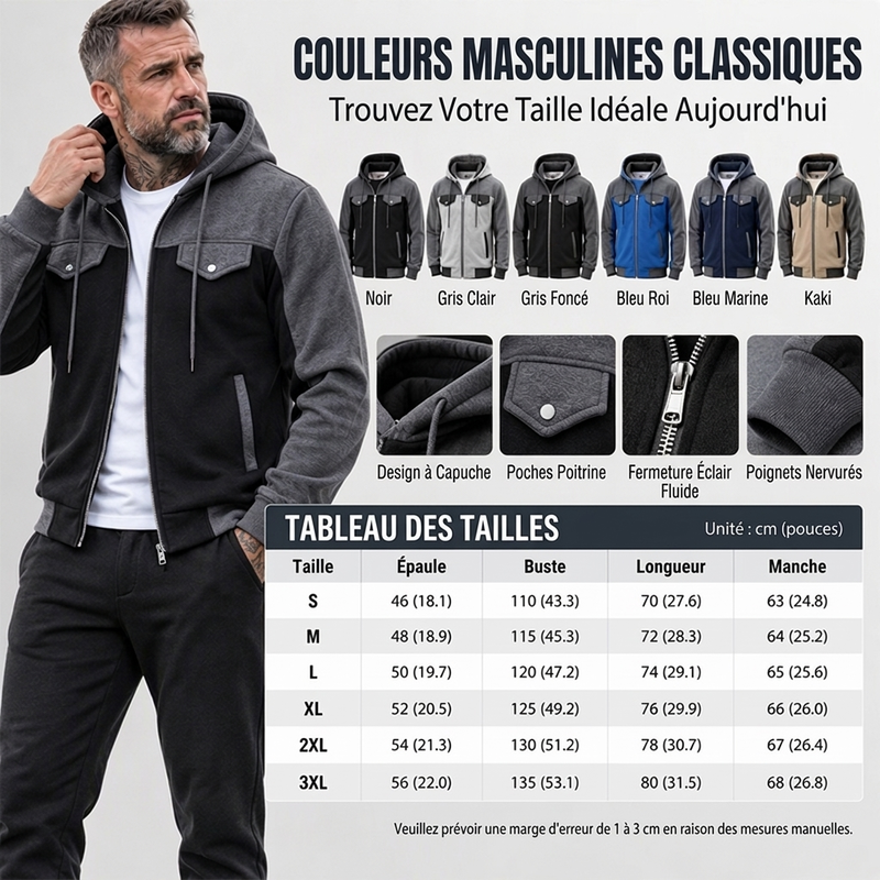 ✨ Veste à capuche zippée pour homme, bi-color et décontractée : facile à porter au quotidien 🧥