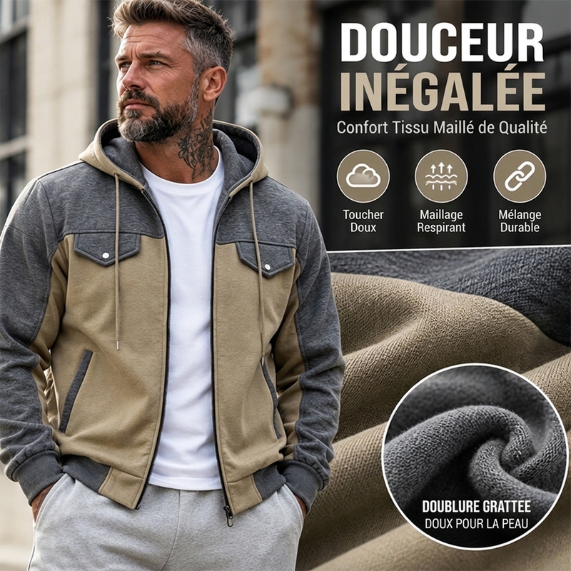 ✨ Veste à capuche zippée pour homme, bi-color et décontractée : facile à porter au quotidien 🧥