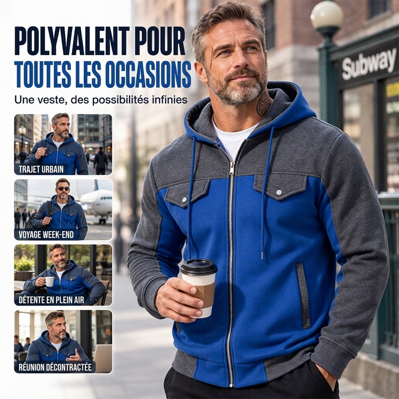 ✨ Veste à capuche zippée pour homme, bi-color et décontractée : facile à porter au quotidien 🧥