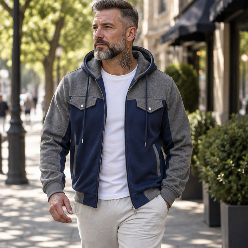 ✨ Veste à capuche zippée pour homme, bi-color et décontractée : facile à porter au quotidien 🧥
