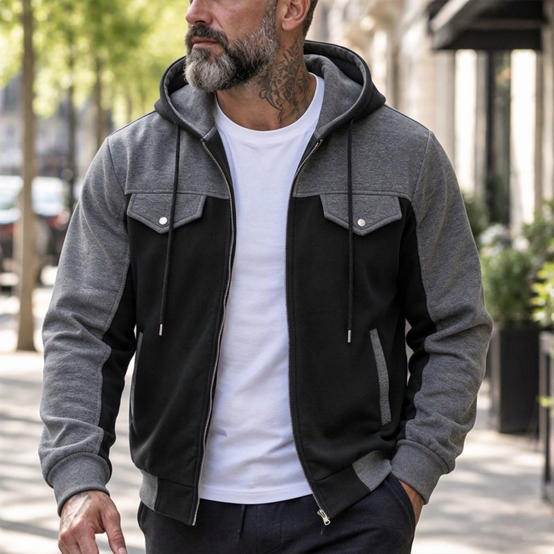 ✨ Veste à capuche zippée pour homme, bi-color et décontractée : facile à porter au quotidien 🧥