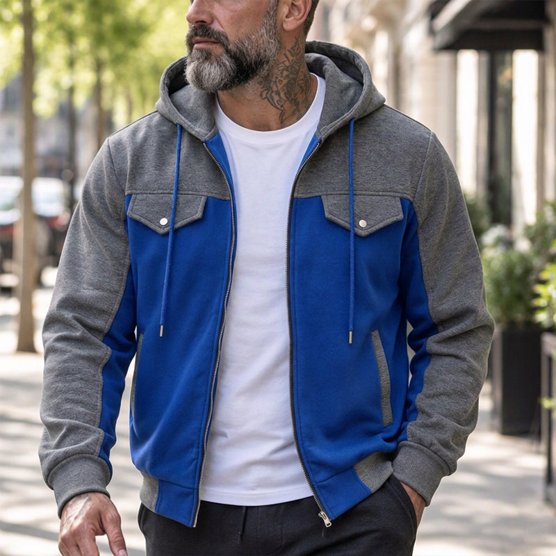 ✨ Veste à capuche zippée pour homme, bi-color et décontractée : facile à porter au quotidien 🧥