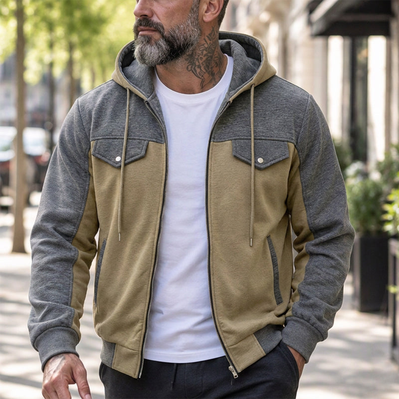 ✨ Veste à capuche zippée pour homme, bi-color et décontractée : facile à porter au quotidien 🧥