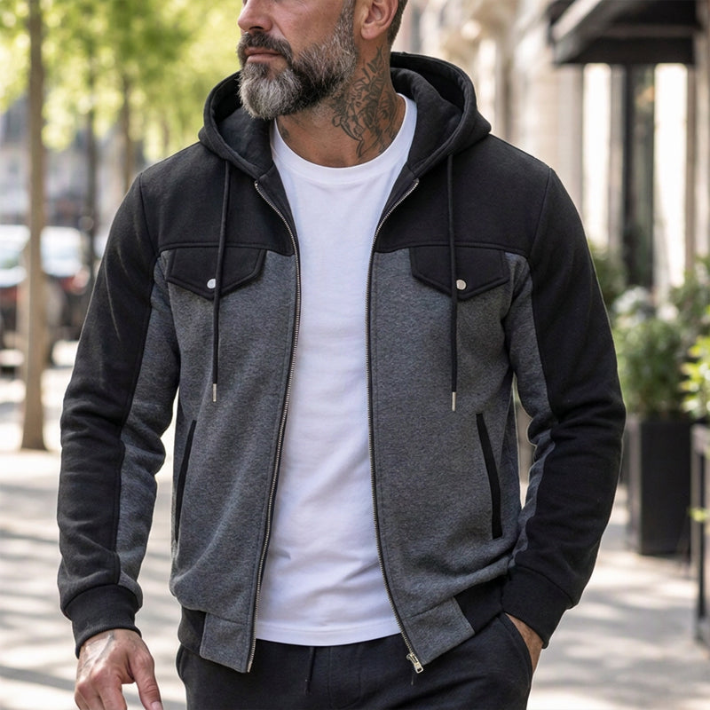 ✨ Veste à capuche zippée pour homme, bi-color et décontractée : facile à porter au quotidien 🧥