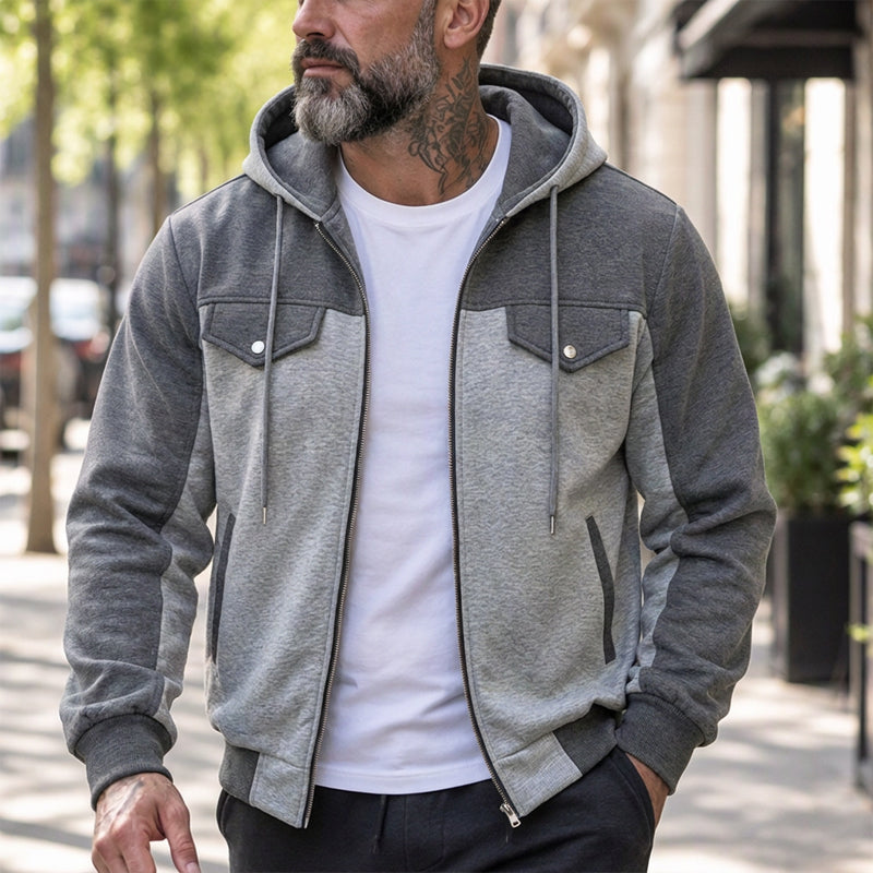 ✨ Veste à capuche zippée pour homme, bi-color et décontractée : facile à porter au quotidien 🧥