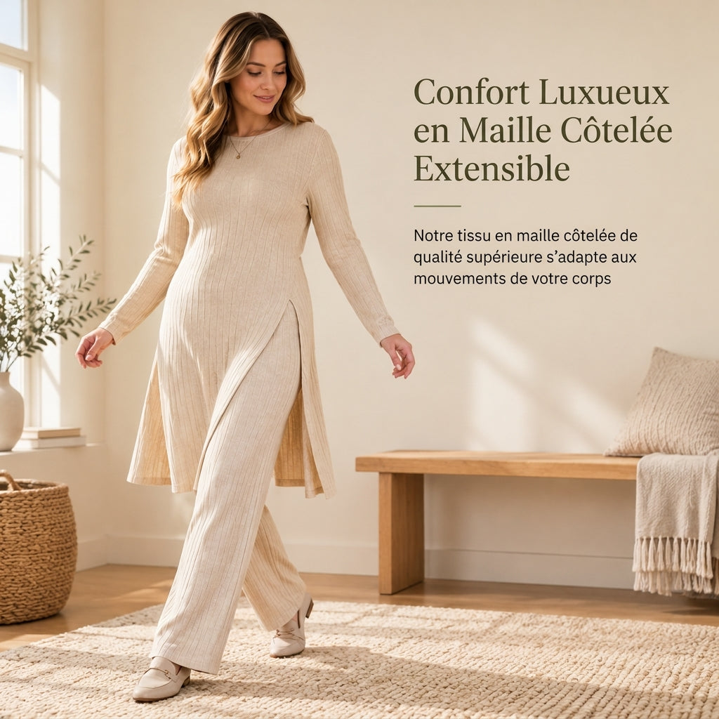 ✨ Ensemble deux pièces femme en maille côtelée : tunique à manches longues, haute fente et pantalon assorti, facile à porter au quotidien 🧶