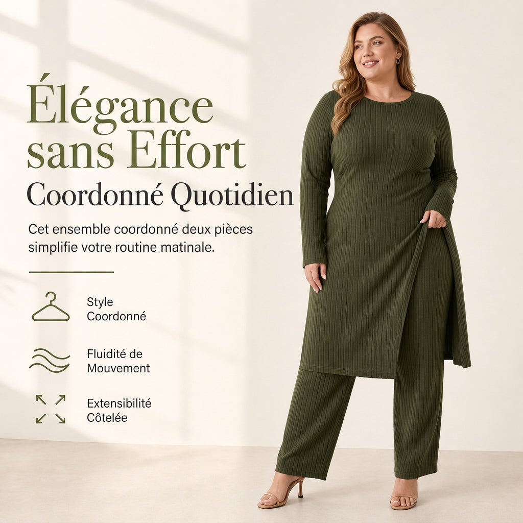 ✨ Ensemble deux pièces femme en maille côtelée : tunique à manches longues, haute fente et pantalon assorti, facile à porter au quotidien 🧶