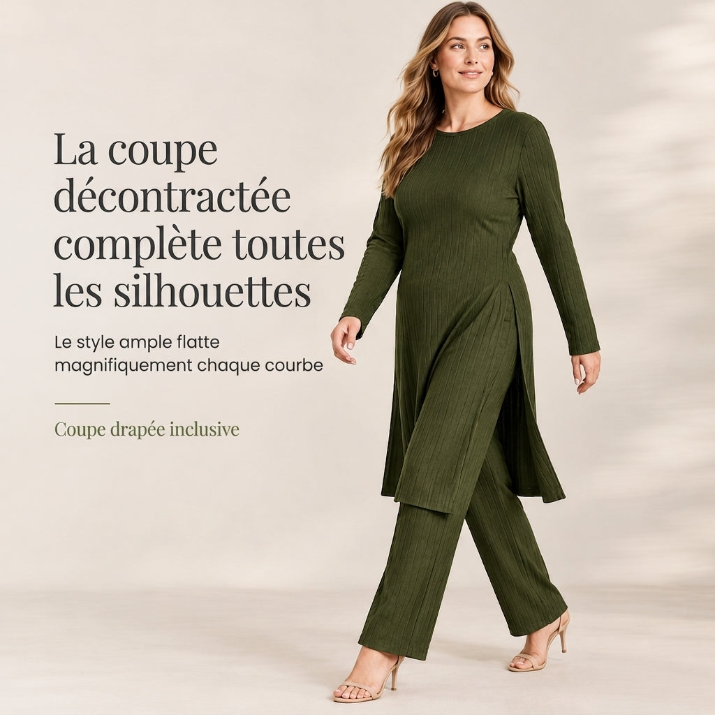 ✨ Ensemble deux pièces femme en maille côtelée : tunique à manches longues, haute fente et pantalon assorti, facile à porter au quotidien 🧶
