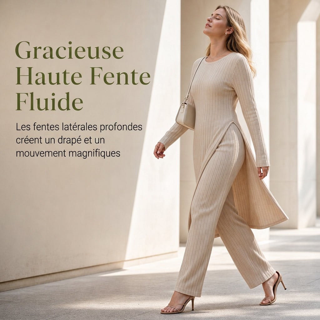 ✨ Ensemble deux pièces femme en maille côtelée : tunique à manches longues, haute fente et pantalon assorti, facile à porter au quotidien 🧶