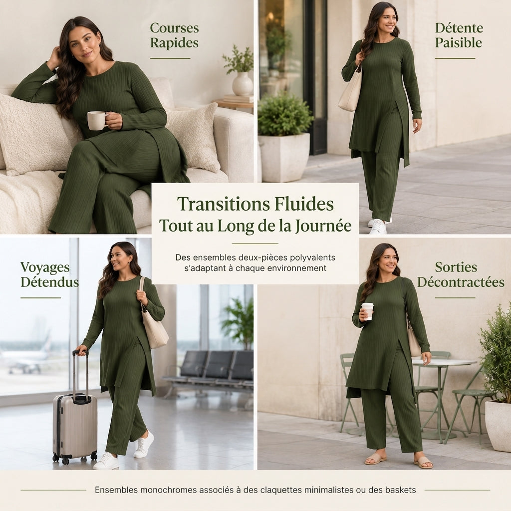 ✨ Ensemble deux pièces femme en maille côtelée : tunique à manches longues, haute fente et pantalon assorti, facile à porter au quotidien 🧶