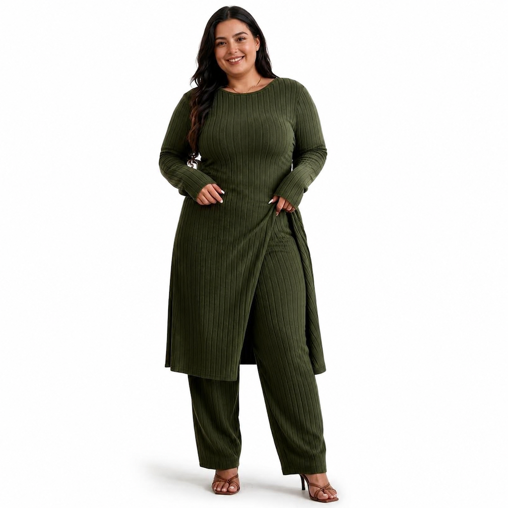 ✨ Ensemble deux pièces femme en maille côtelée : tunique à manches longues, haute fente et pantalon assorti, facile à porter au quotidien 🧶