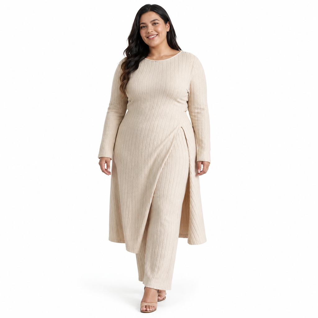 ✨ Ensemble deux pièces femme en maille côtelée : tunique à manches longues, haute fente et pantalon assorti, facile à porter au quotidien 🧶
