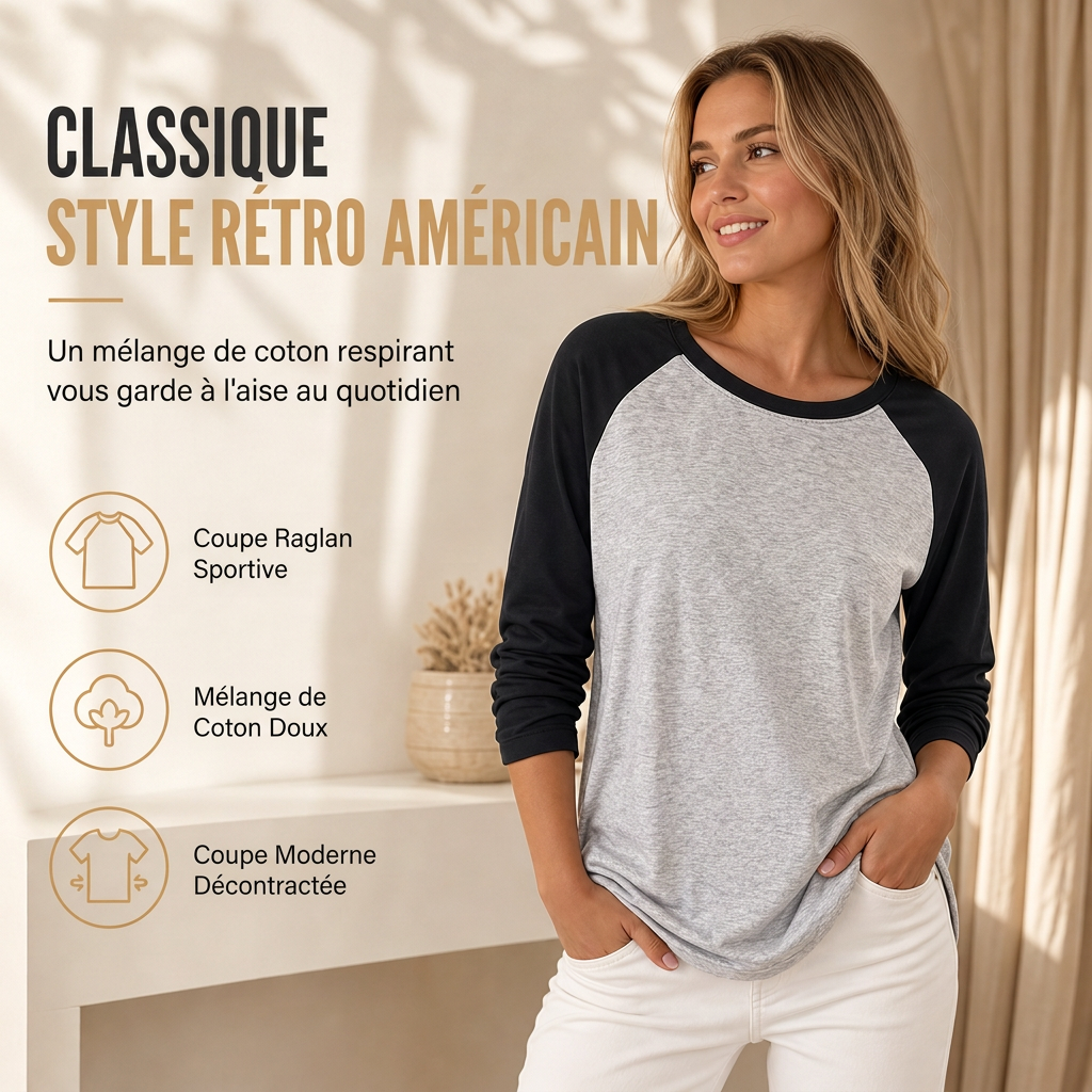 ✨ T-shirt femme à manches longues et col rond, color-block : facile à porter au quotidien 👕