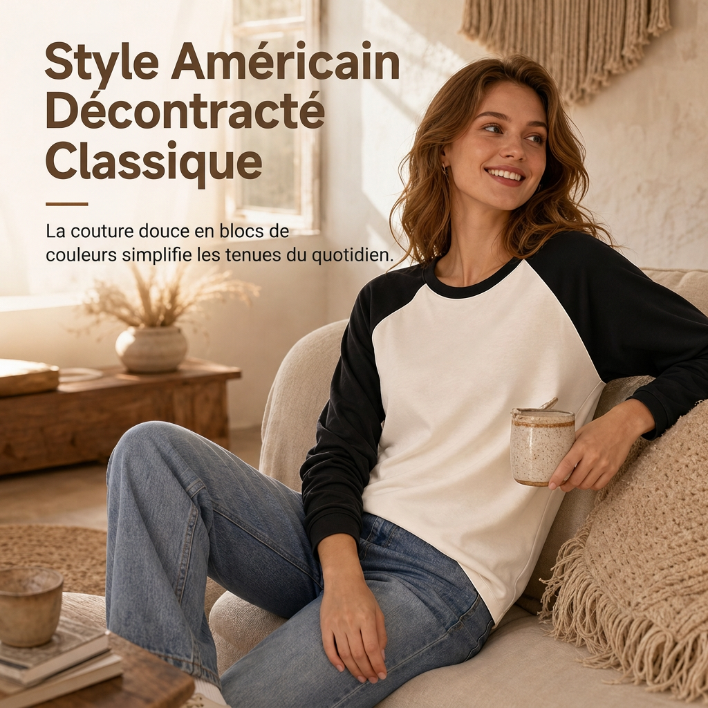 ✨ T-shirt femme à manches longues et col rond, color-block : facile à porter au quotidien 👕