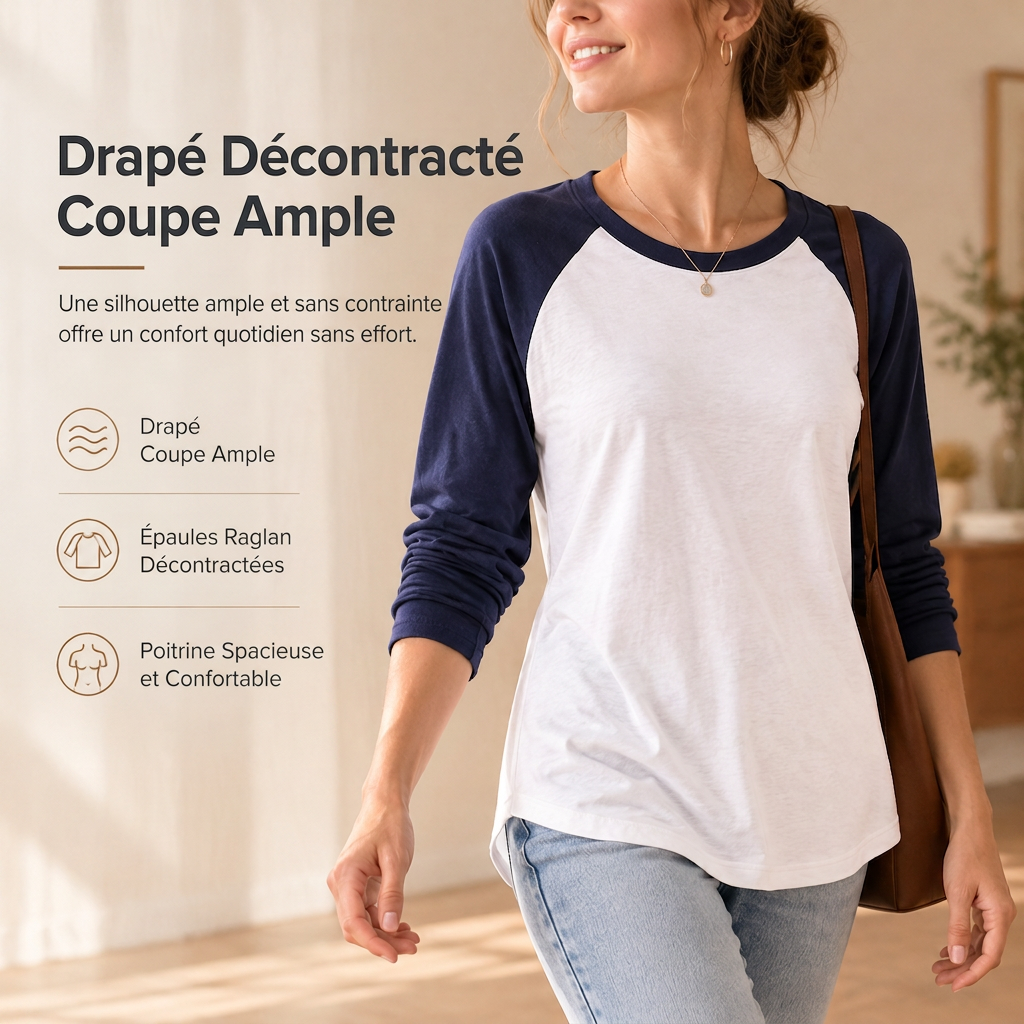 ✨ T-shirt femme à manches longues et col rond, color-block : facile à porter au quotidien 👕