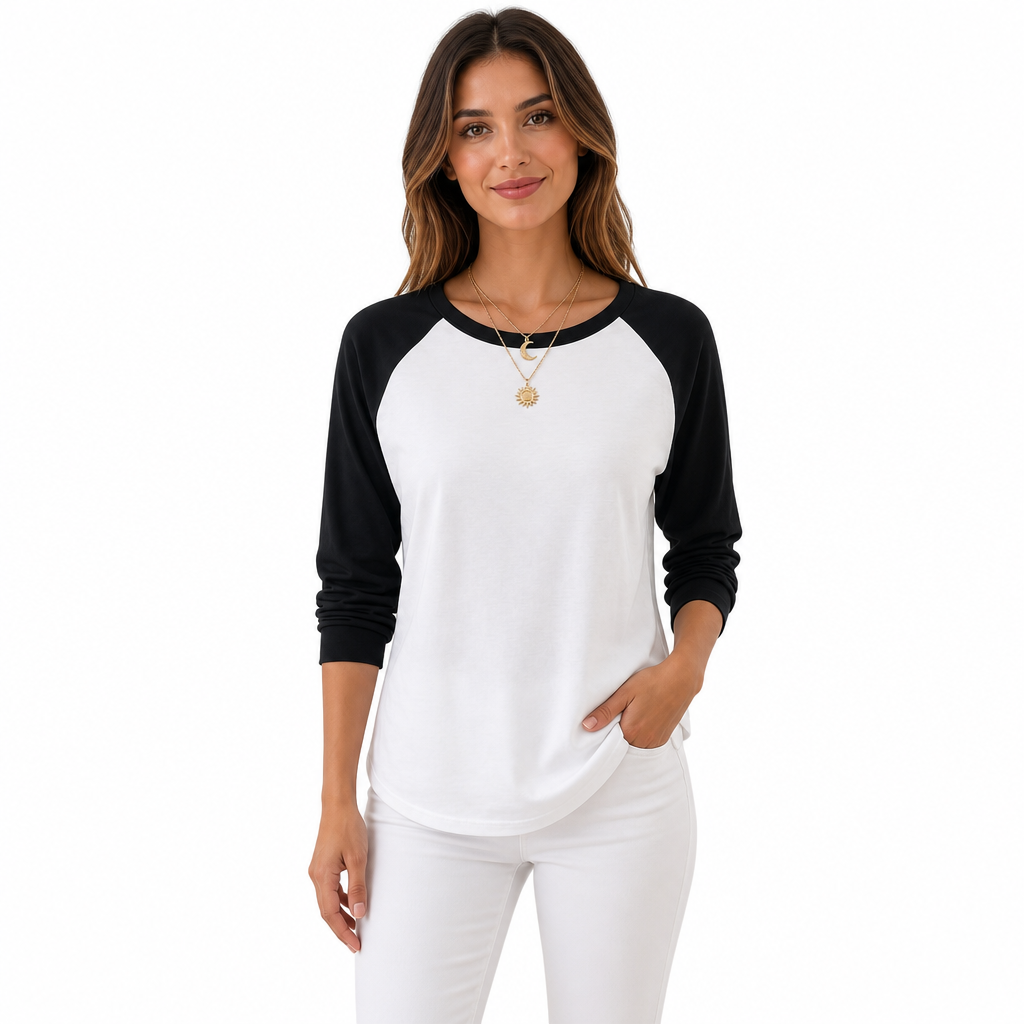 ✨ T-shirt femme à manches longues et col rond, color-block : facile à porter au quotidien 👕