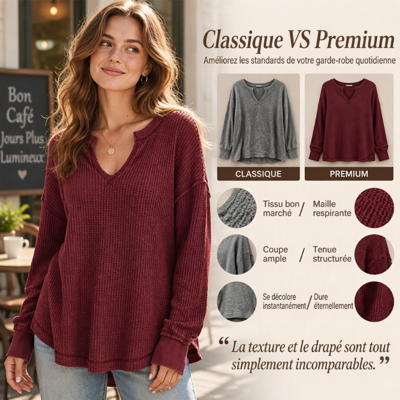 ✨ Haut en maille gaufrée à manches longues et col V pour femme : facile à porter au quotidien 🧶