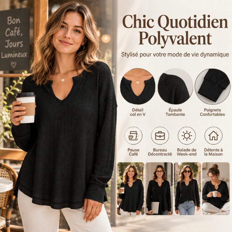 ✨ Haut en maille gaufrée à manches longues et col V pour femme : facile à porter au quotidien 🧶