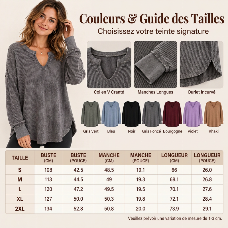 ✨ Haut en maille gaufrée à manches longues et col V pour femme : facile à porter au quotidien 🧶