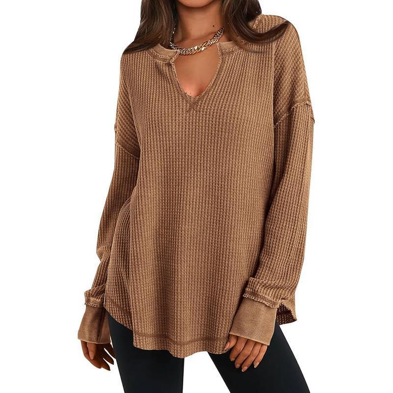 ✨ Haut en maille gaufrée à manches longues et col V pour femme : facile à porter au quotidien 🧶