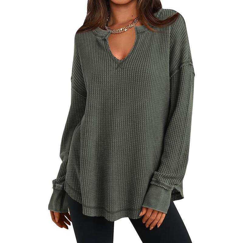 ✨ Haut en maille gaufrée à manches longues et col V pour femme : facile à porter au quotidien 🧶