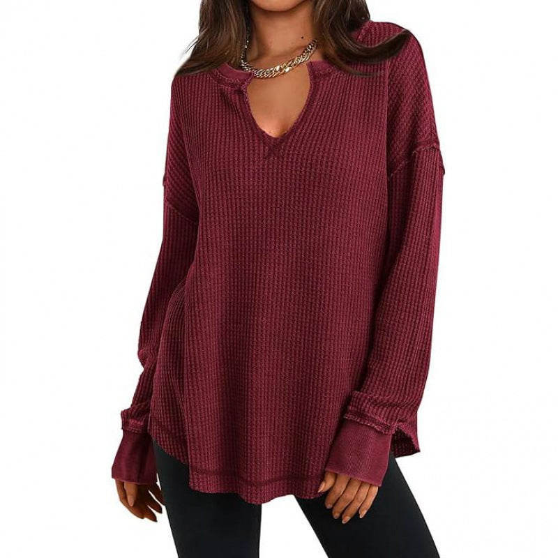 ✨ Haut en maille gaufrée à manches longues et col V pour femme : facile à porter au quotidien 🧶
