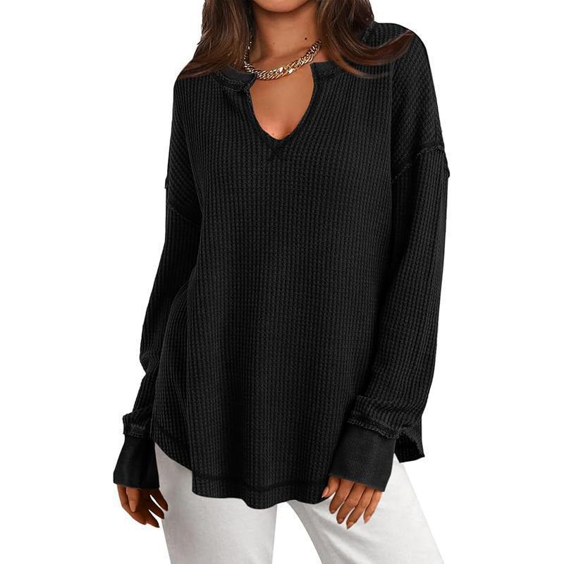 ✨ Haut en maille gaufrée à manches longues et col V pour femme : facile à porter au quotidien 🧶