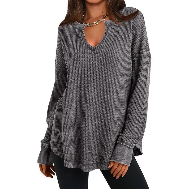 ✨ Haut en maille gaufrée à manches longues et col V pour femme : facile à porter au quotidien 🧶
