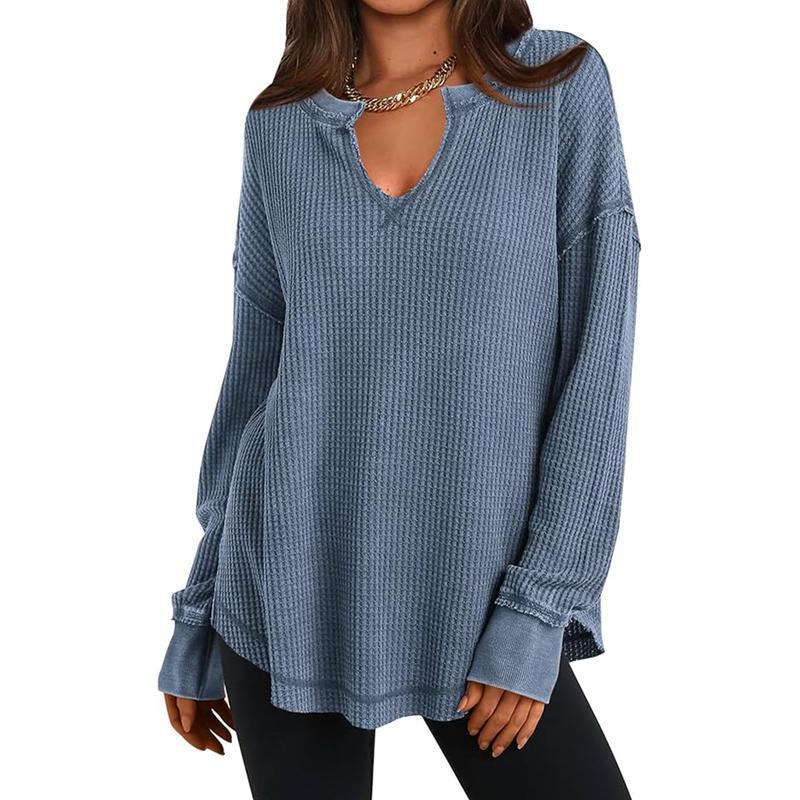 ✨ Haut en maille gaufrée à manches longues et col V pour femme : facile à porter au quotidien 🧶