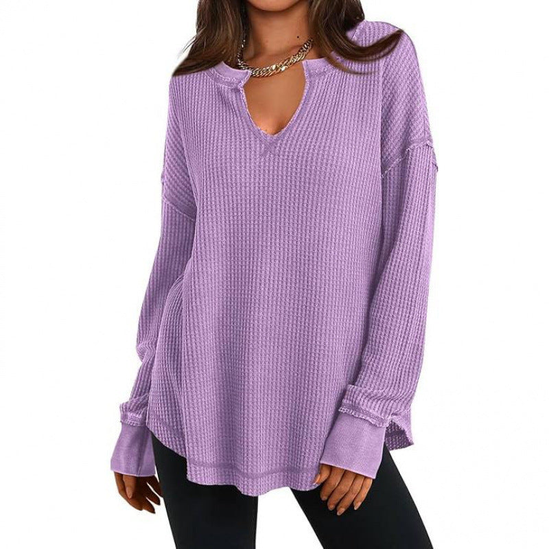 ✨ Haut en maille gaufrée à manches longues et col V pour femme : facile à porter au quotidien 🧶
