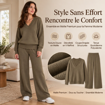 ✨ Ensemble 2 pièces pour femme : pull en maille col V et pantalon large, facile à porter au quotidien 🧶